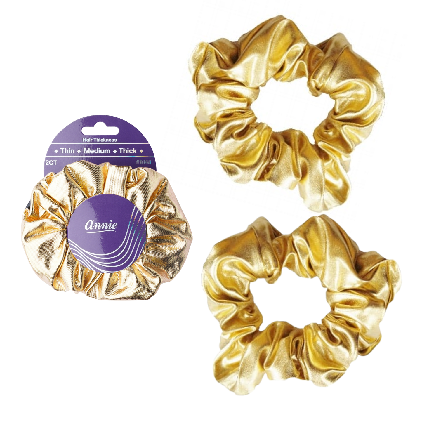 Annie Metallic Scrunchie 5.5in, 2 Count Hair Ties, Gold