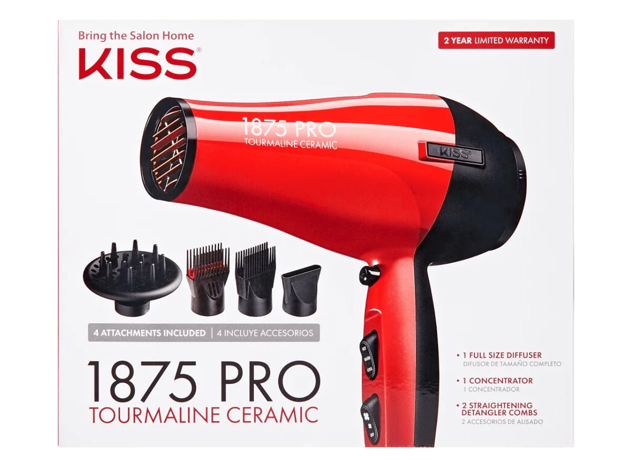 KISS Red Tourmaline Ceramic Hair Dryer with 4 Additional Styling Attachments, 1875 Watts, Red