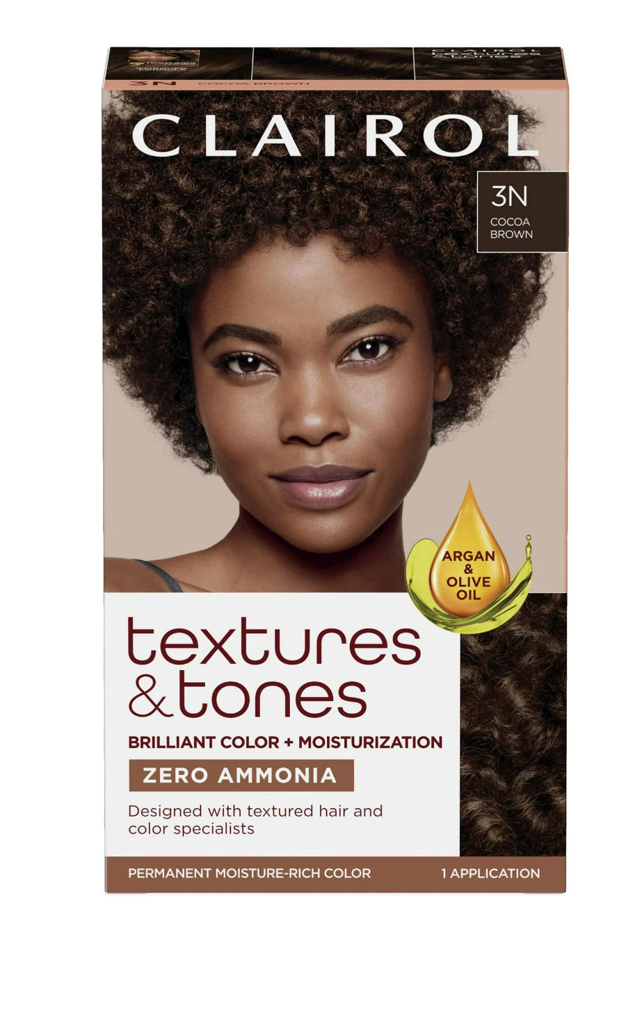 Clairol Textures & Tones Hair Dye Ammonia-Free Permanent Hair Color Creme, 3N Cocoa Brown, 1 Application