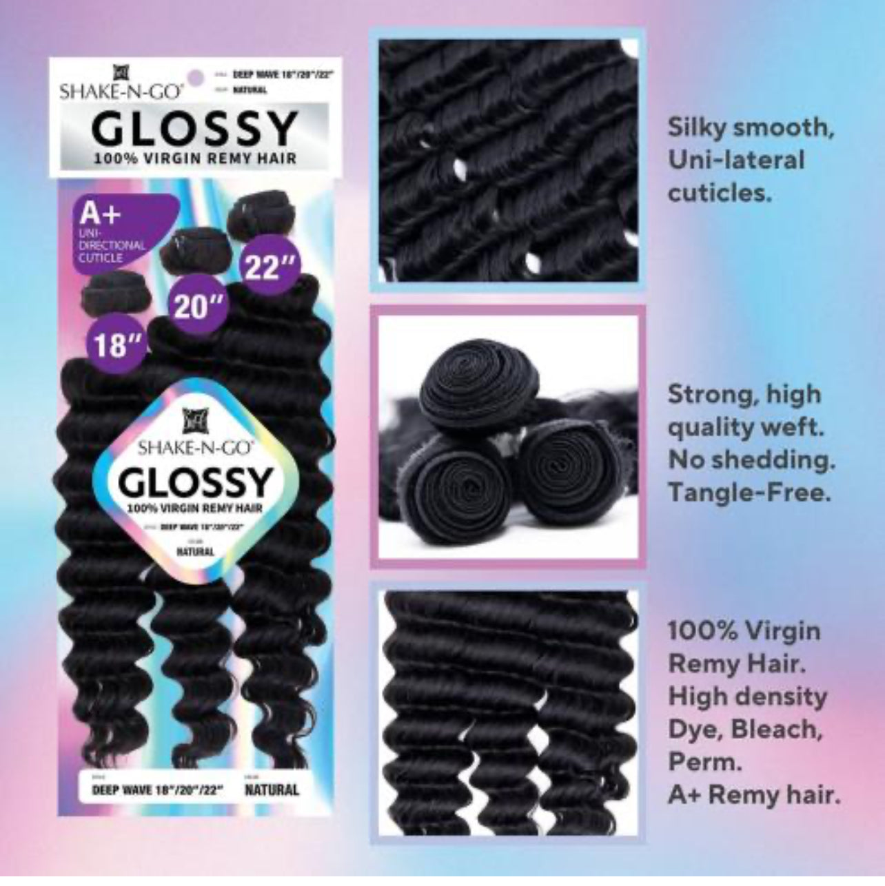 Shake-N-Go Virgin Remy Hair Weave Glossy 3 Bundles Deep Wave 22/24/26”