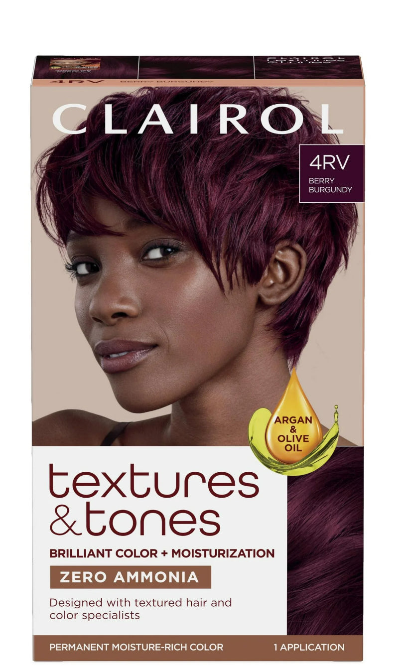 Clairol Textures & Tones Hair Dye Ammonia-Free Permanent Hair Color Creme, 4RV Berry Burgundy, 1 Application