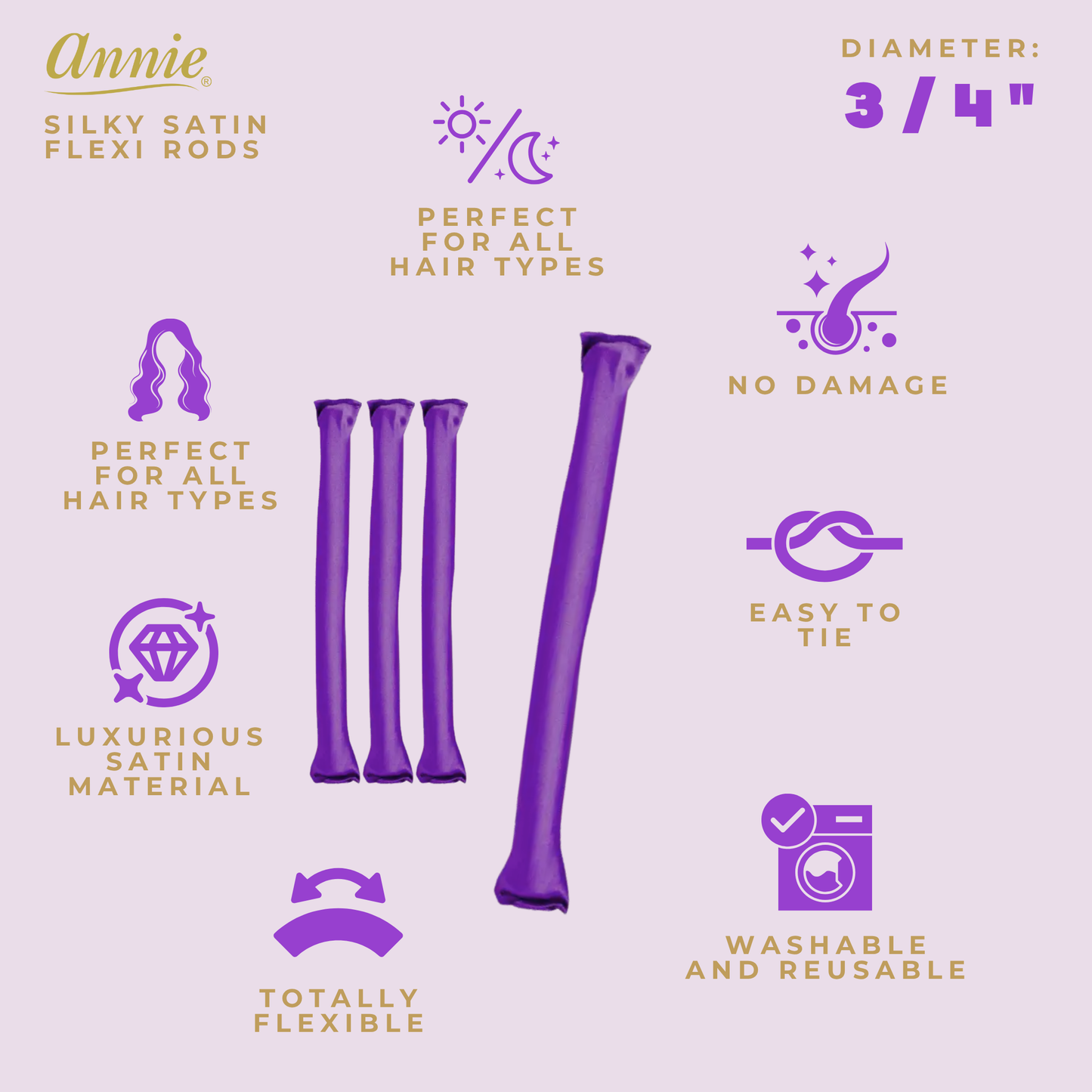 Annie Silky Satin Flexi Rods 3/4 Inch, 4 Count, Purple