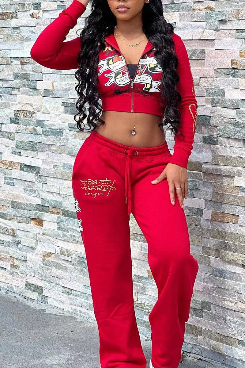 Skull Embroidered Casual Tracksuit Set-clothes