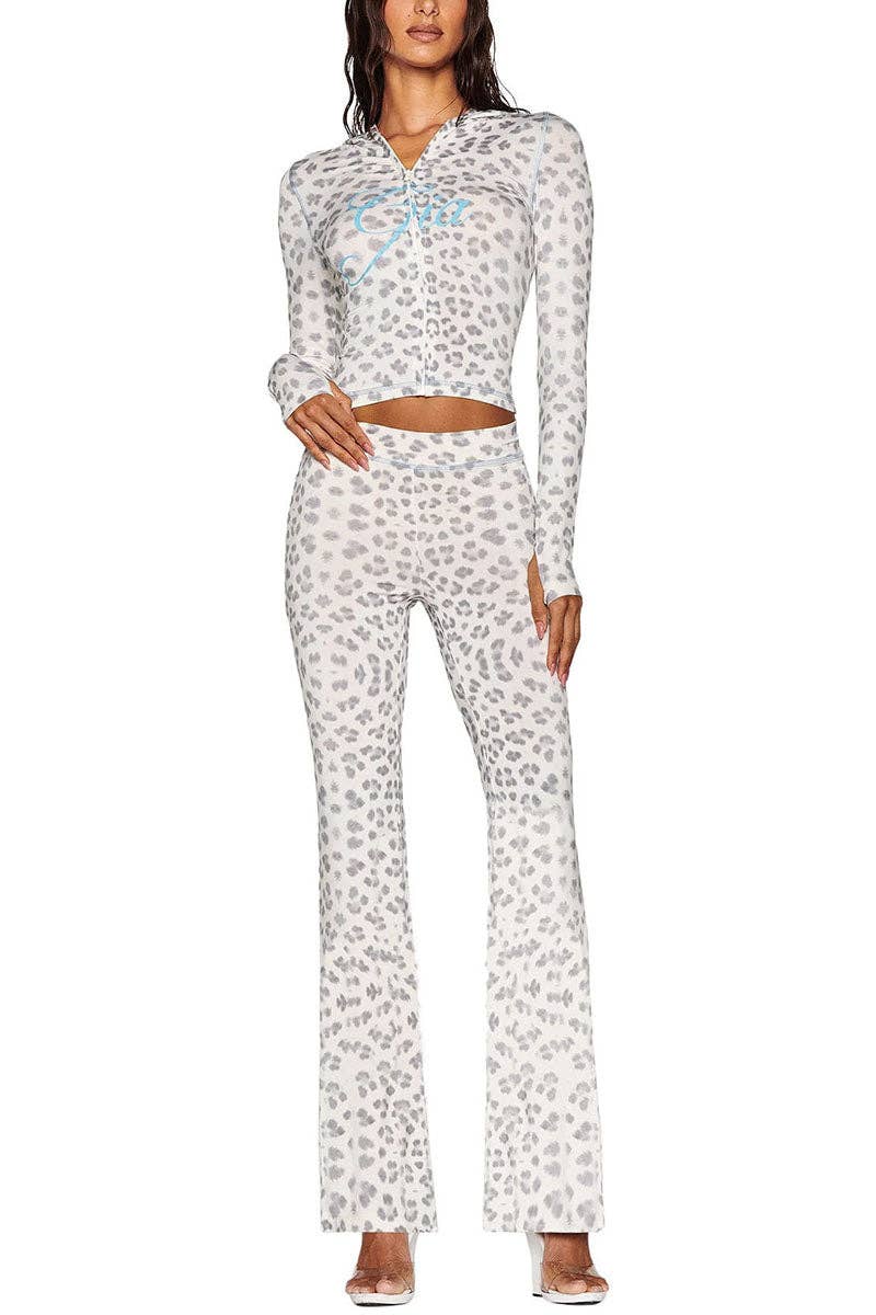 Leopard Print Hoodie and Flare Pants Set- clothes