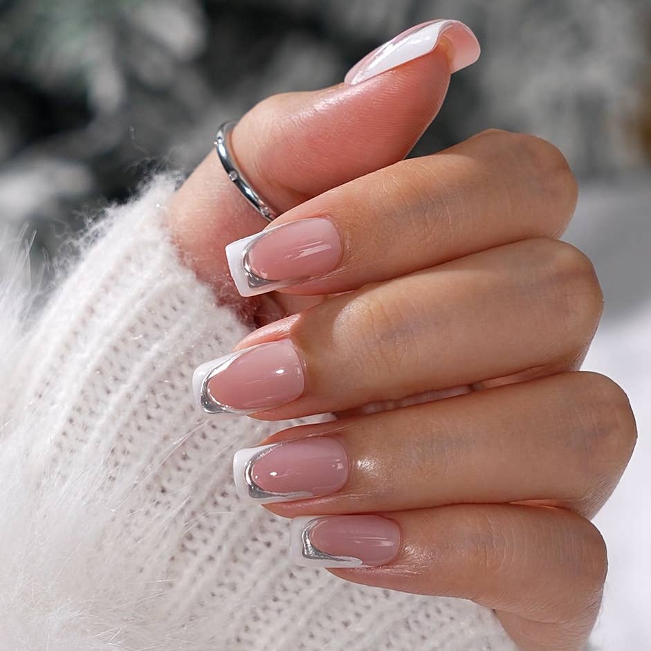 3D Silver Lines French Tip Nails- Square Fake Nails Press On