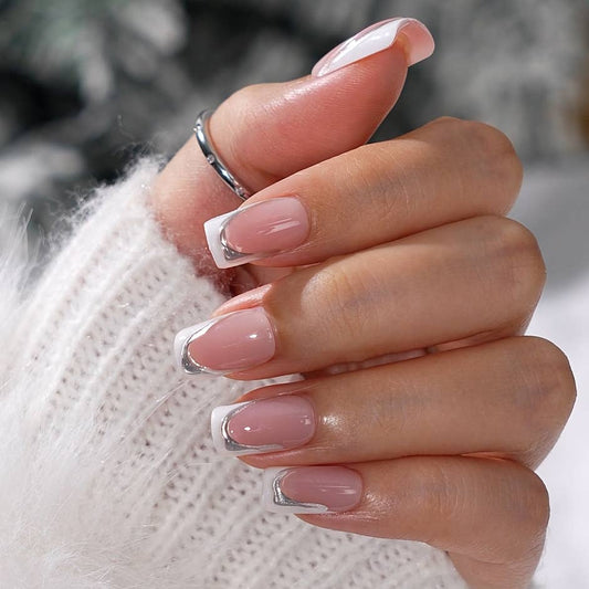 3D Silver Lines French Tip Nails- Square Fake Nails Press On