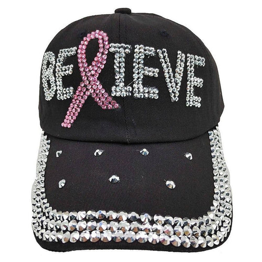 Believe PInk Ribbon RHinestone Cap
