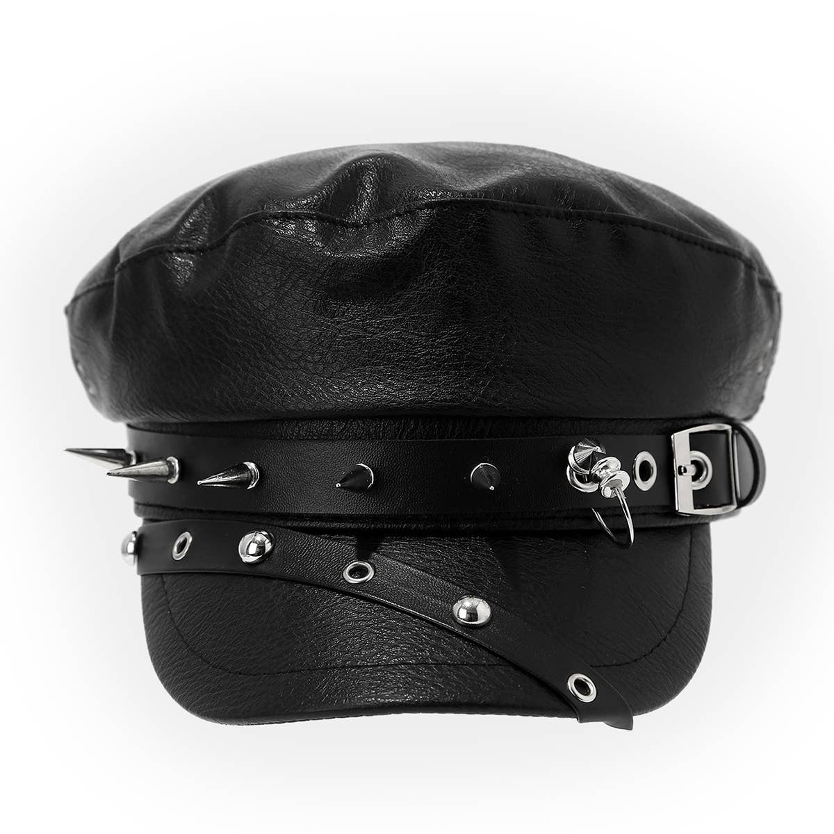 Punk Leather Flat Top Cap Studded Army Hat_CWAH04630