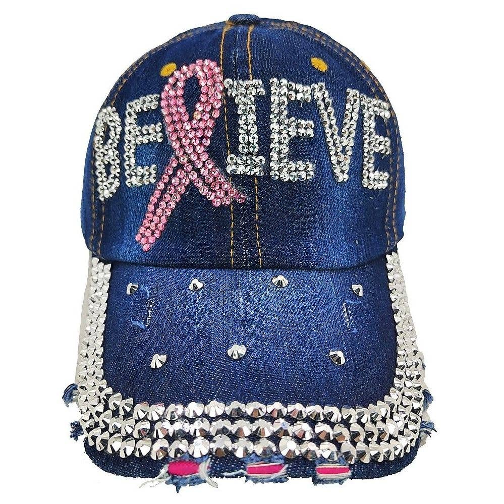 Believe PInk Ribbon RHinestone Cap