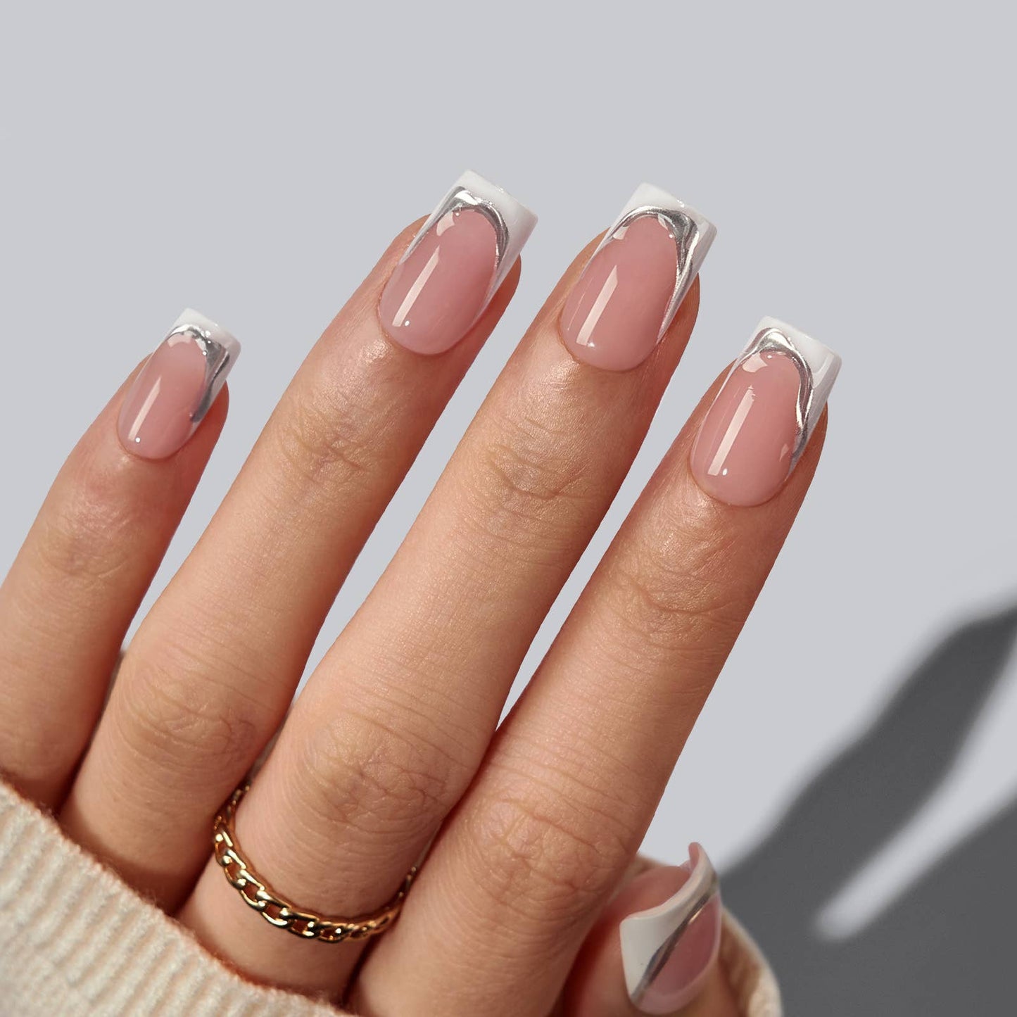 3D Silver Lines French Tip Nails- Square Fake Nails Press On
