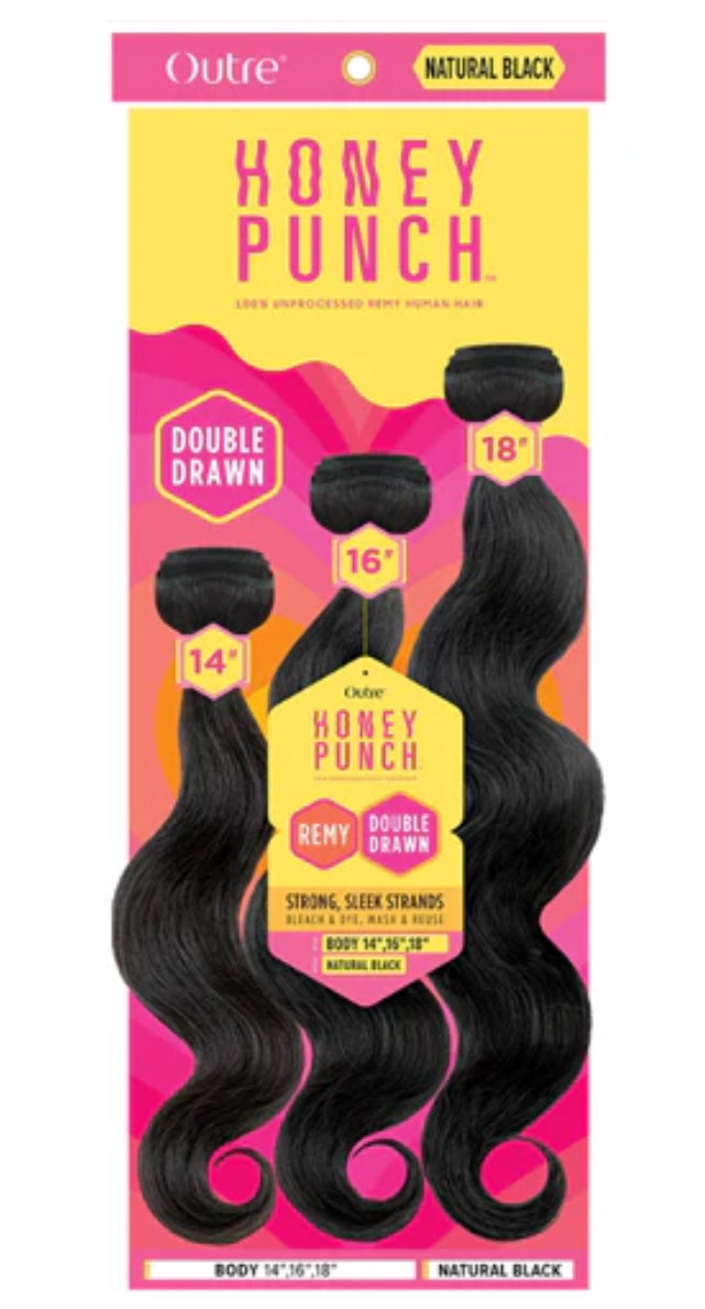 Outre Unprocessed Remy Human Hair Weave Honey Punch 3 Bundles Body Wave 14,16,18”