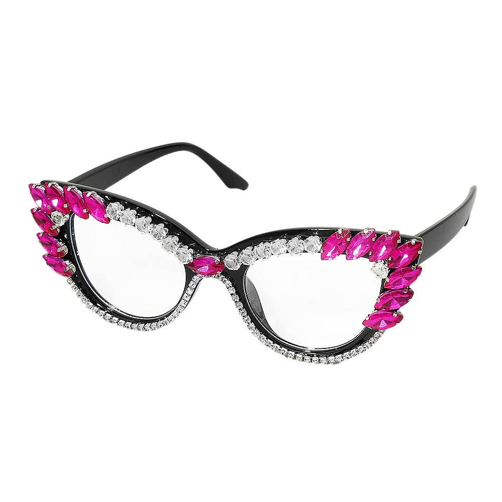 Bold Crystal Embellished Cat Eye Frame Fashion Sunglasses