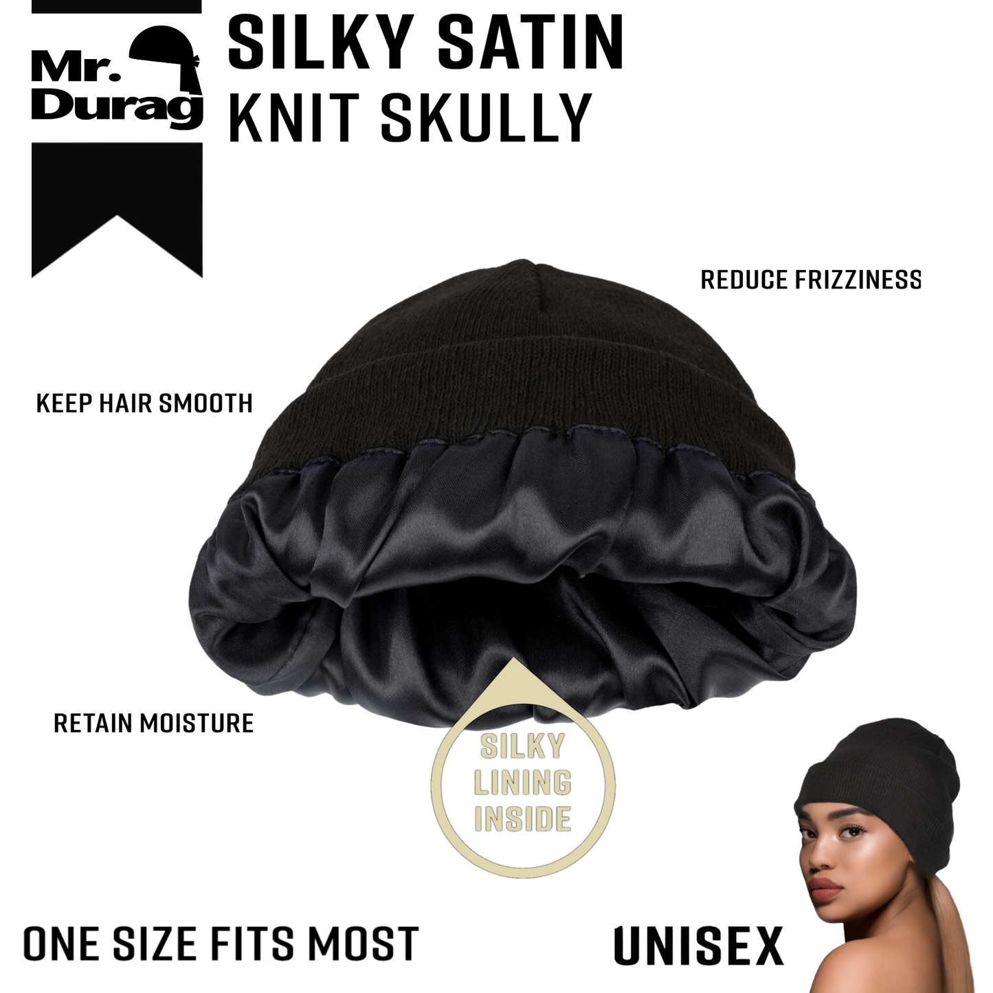Mr. Durag Silky Satin Knit Skully, 1 Count Beanie, Black