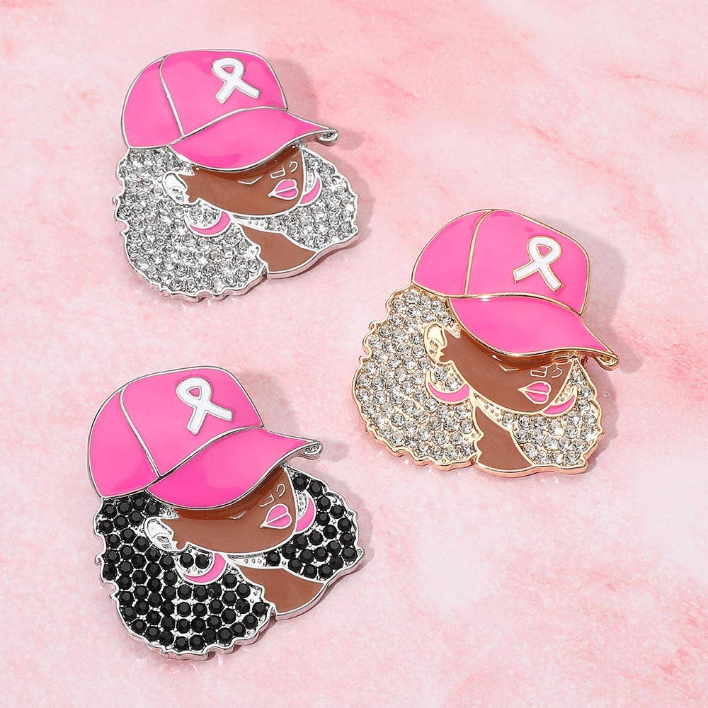 Rhinestone Paved Cool Afro Woman in Awareness Pink Ribbon Cap Pin Brooch