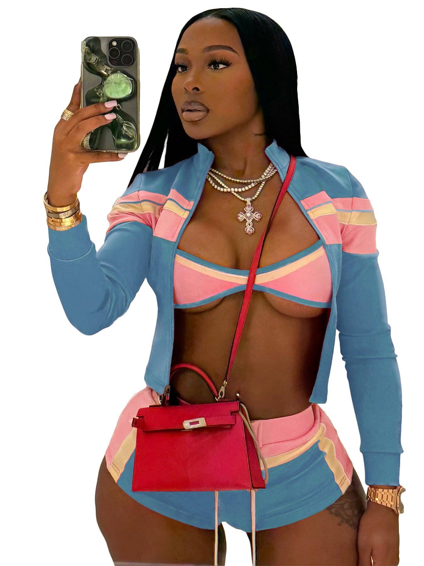 FASHION Three-Piece Zip-Up Jacket, Crop Top, and Lace-Up Shorts Set 5029LY-clothes