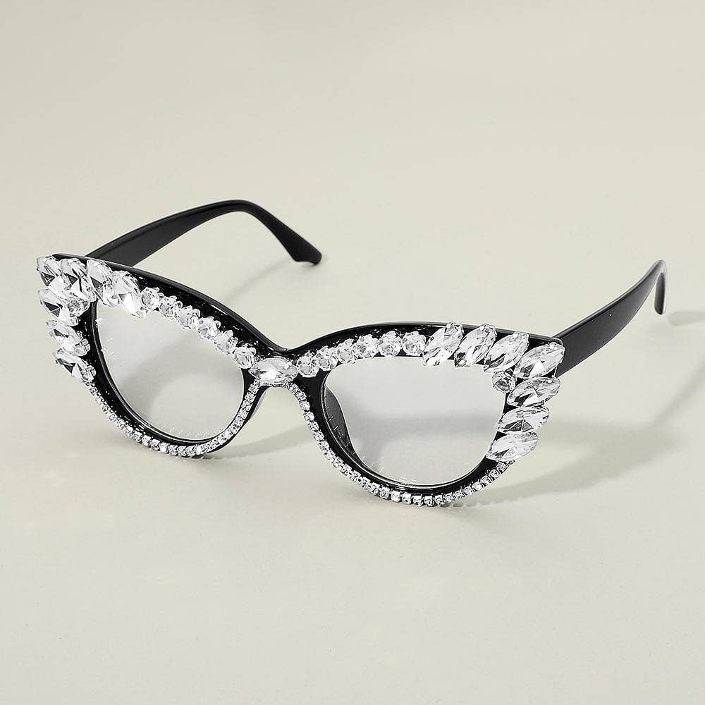 Bold Crystal Embellished Cat Eye Frame Fashion Sunglasses