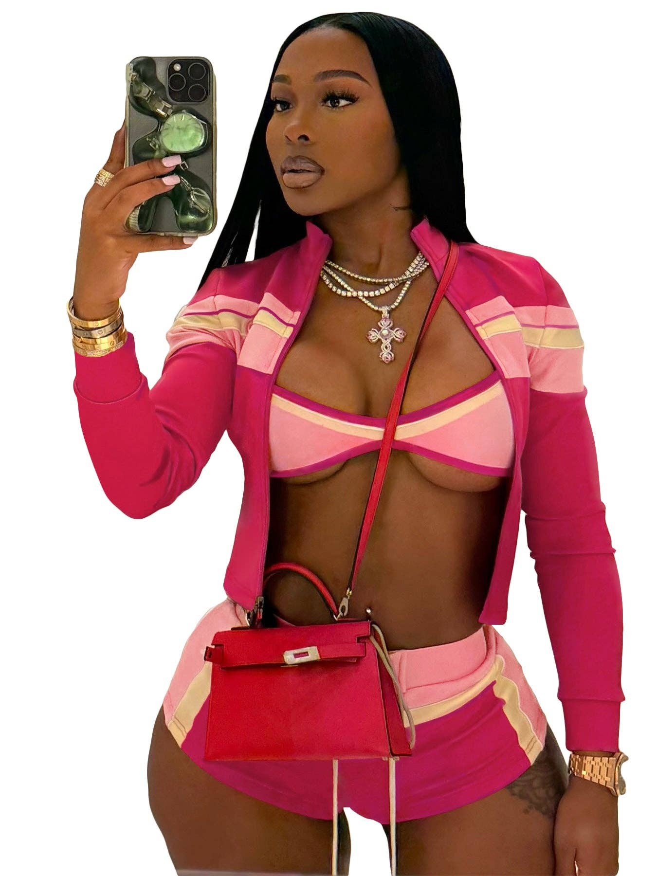 FASHION Three-Piece Zip-Up Jacket, Crop Top, and Lace-Up Shorts Set 5029LY-clothes