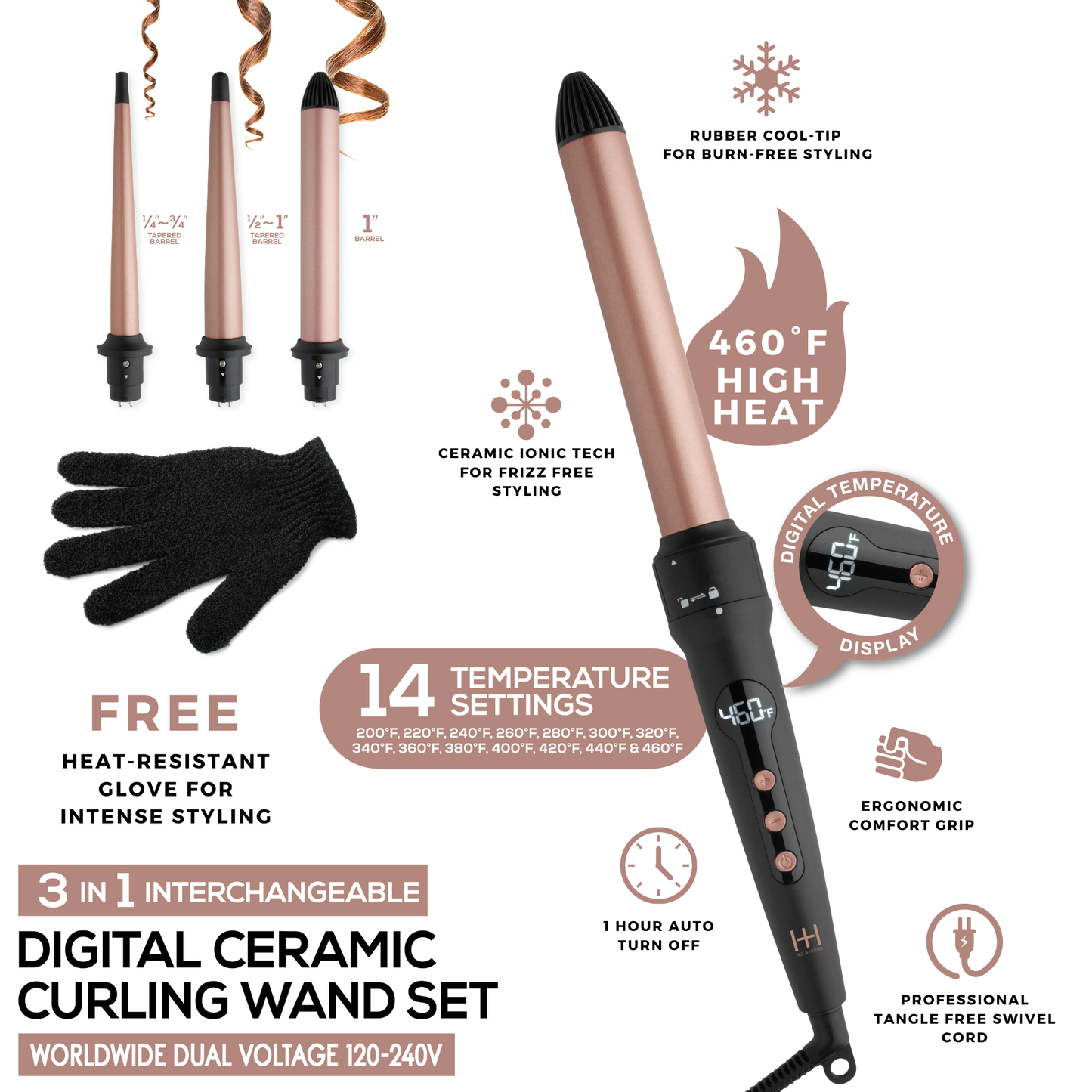 Hot & Hotter 3 in 1 Interchangeable Digital Curling Wand Set