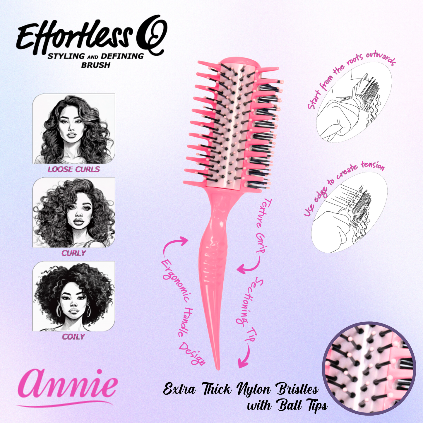 Annie Effortless Q Style & Define Brush Thick Bristles, Asst