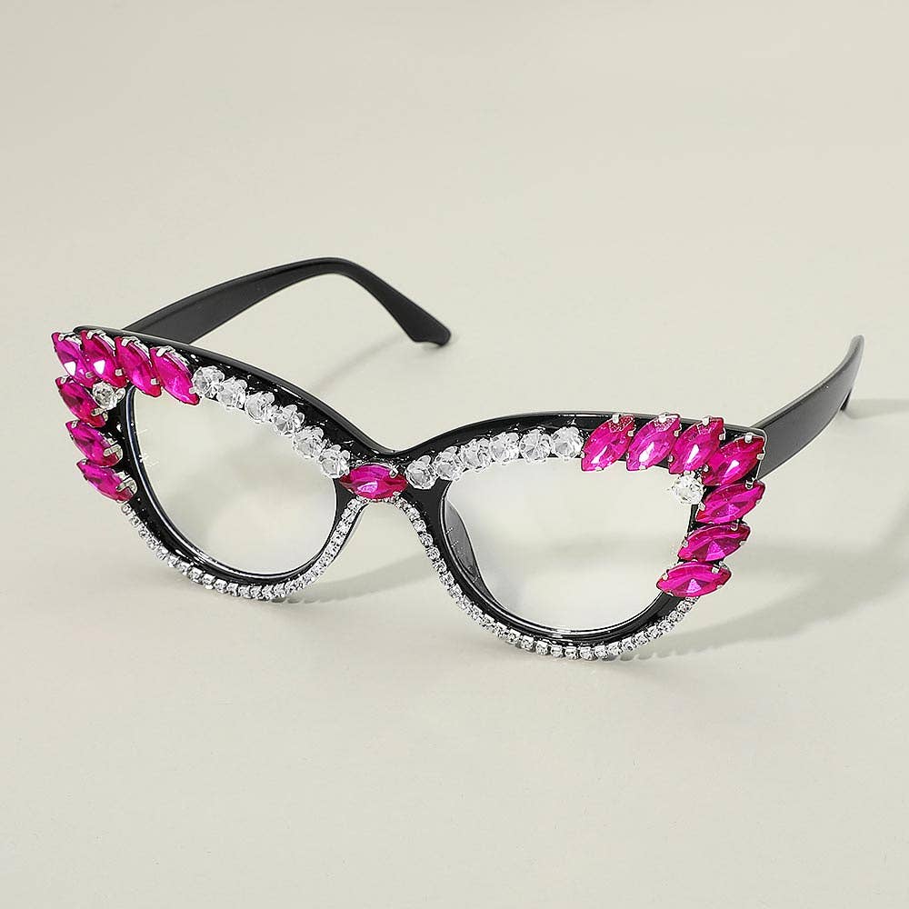 Bold Crystal Embellished Cat Eye Frame Fashion Sunglasses