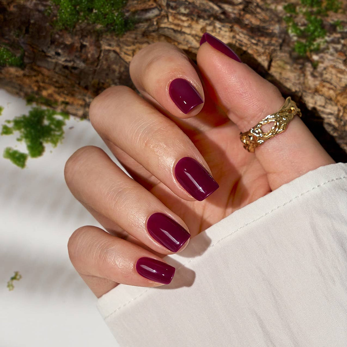 3D Golden French Tip Cat Eye Nails- 32pcs Short Almond Brown