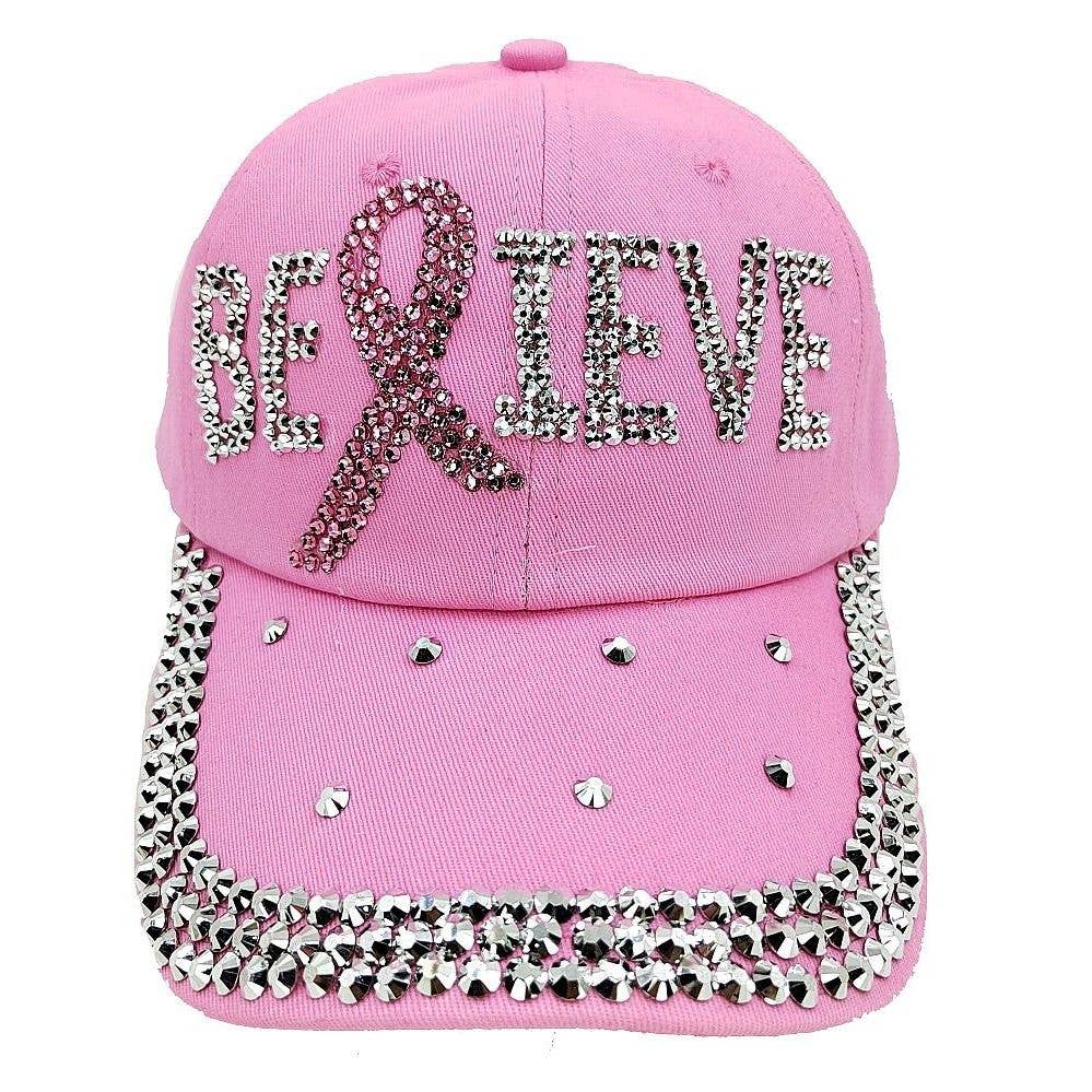 Believe PInk Ribbon RHinestone Cap