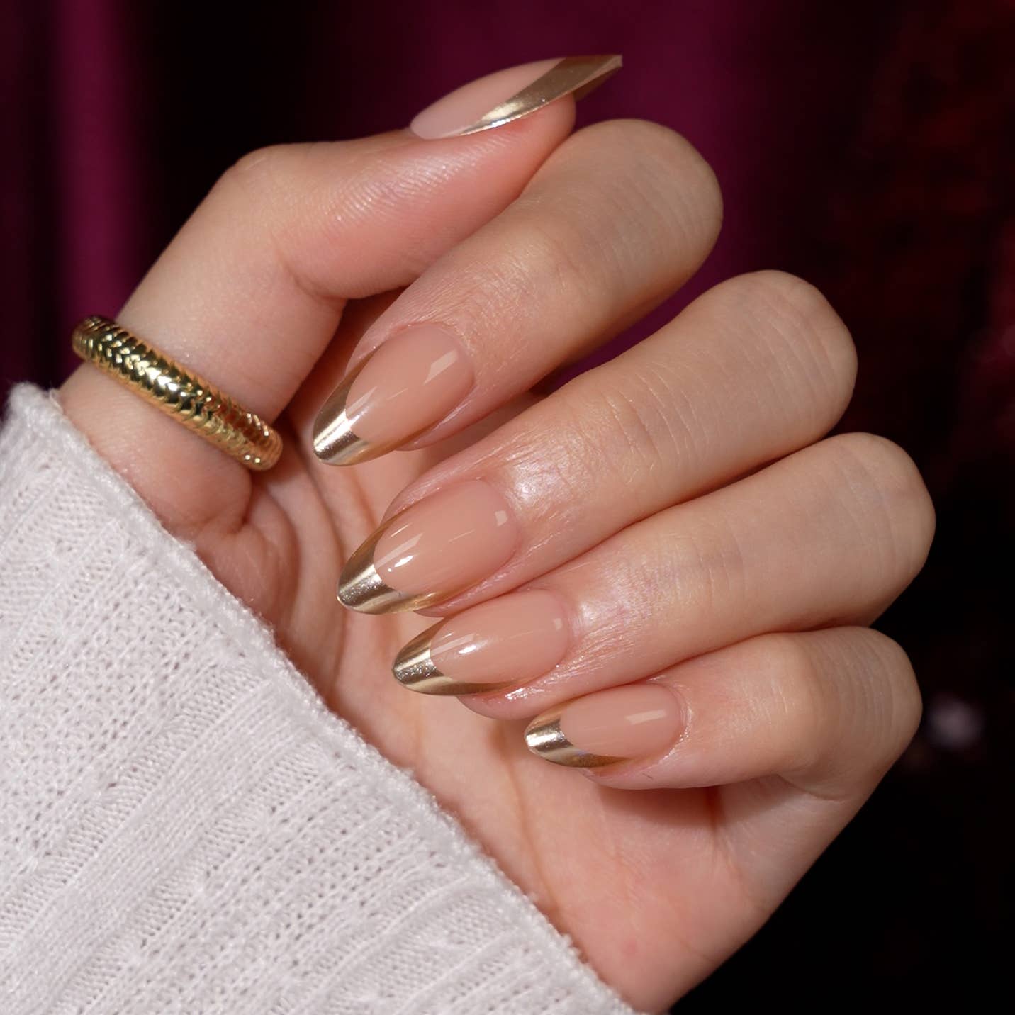 3D Golden French Tip Cat Eye Nails- 32pcs Short Almond Brown