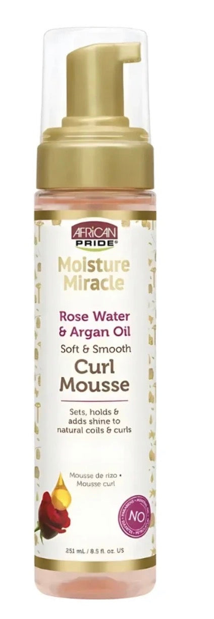 AFRICAN PRIDE MOISTURE MIRACLE ROSE WATER & ARGAN OIL CURL MOUSSE - 8.5 OZ