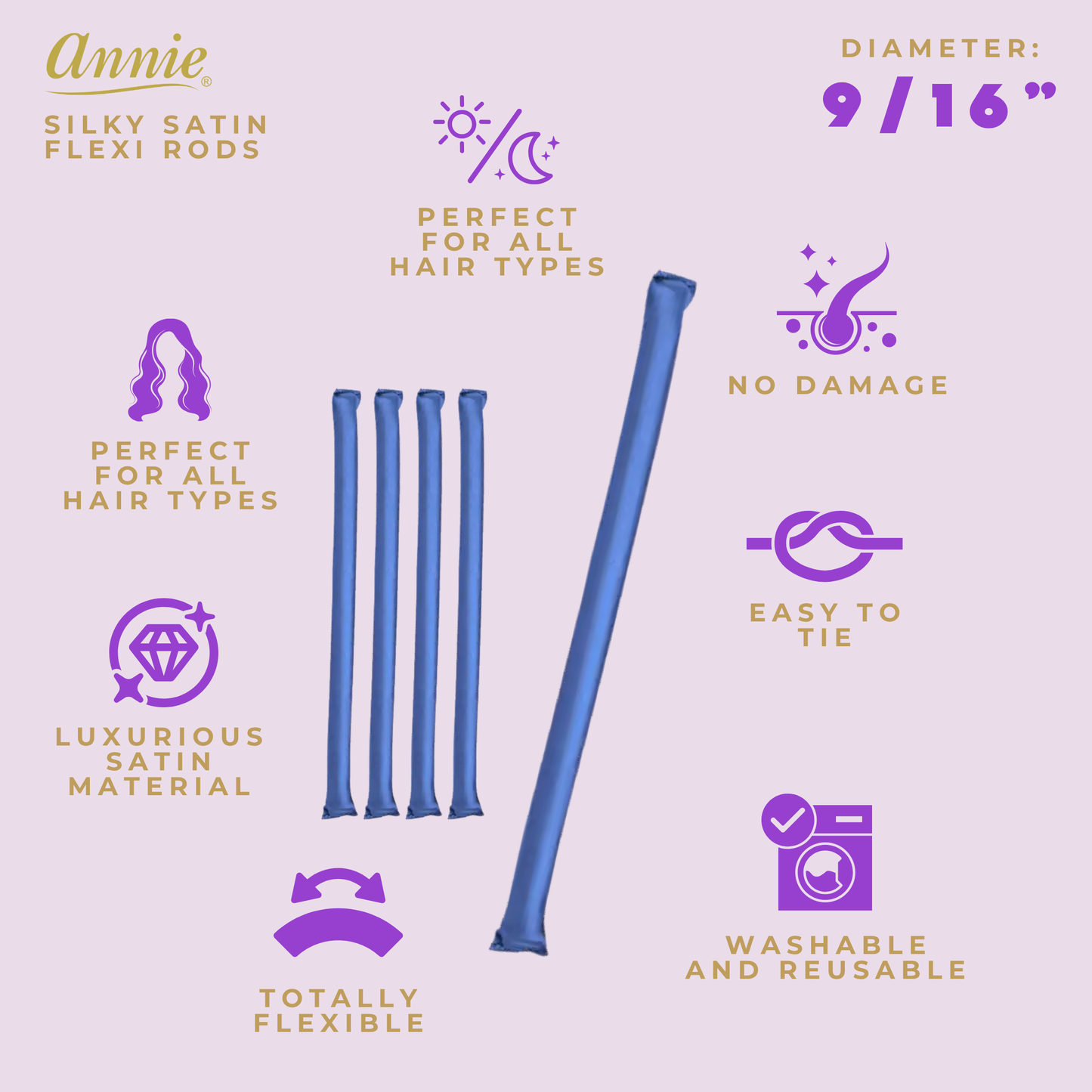 Annie Silky Satin Flexi Rods 9/16 Inch, 5 Count, Blue
