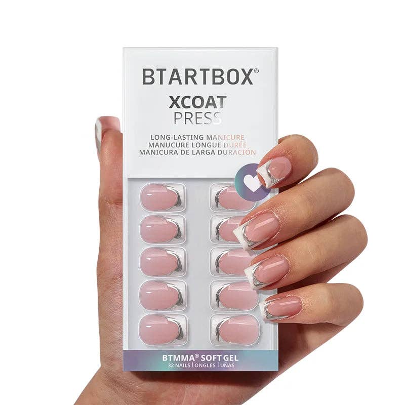 3D Silver Lines French Tip Nails- Square Fake Nails Press On