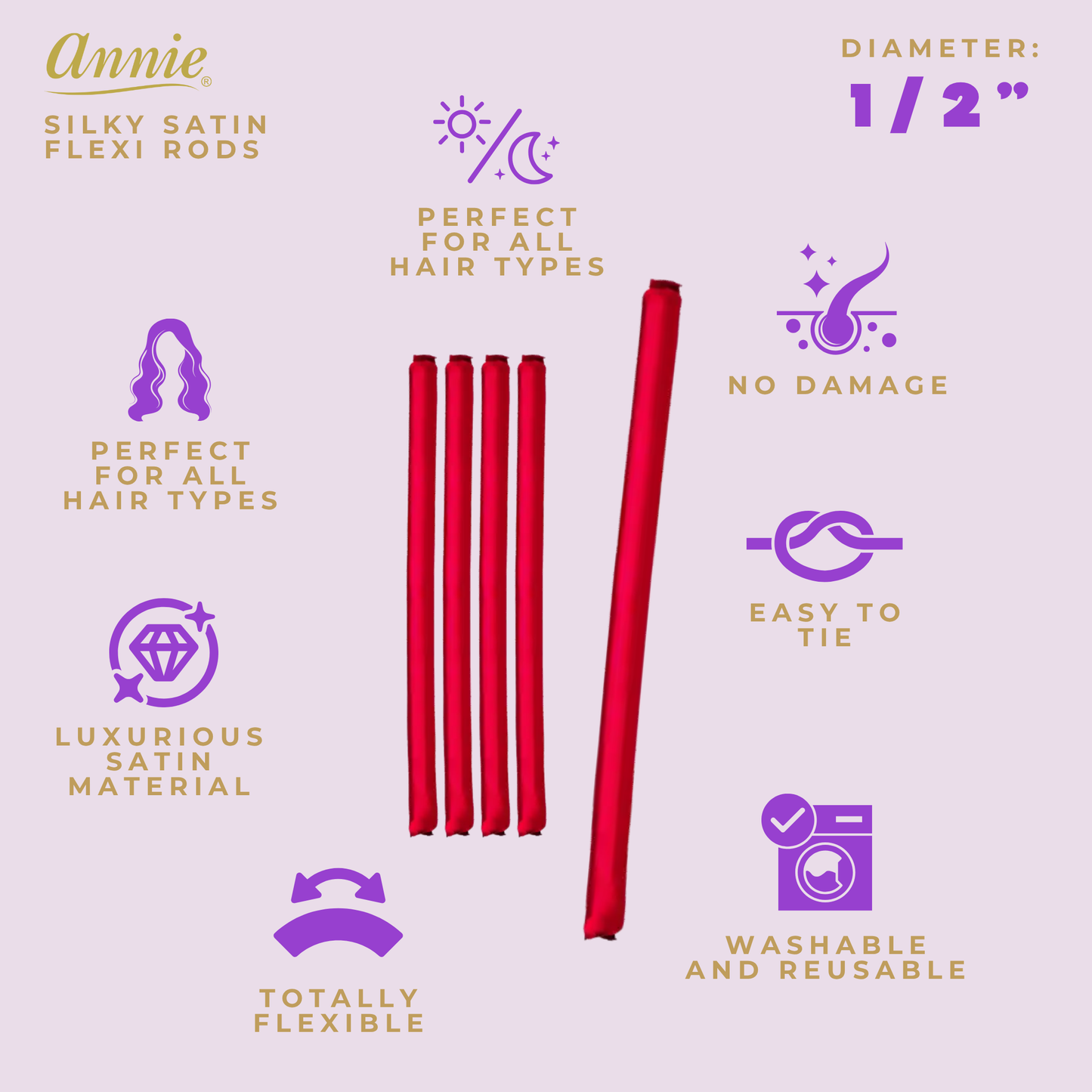 Annie Silky Satin Flexi Rods 1/2 Inch, 5 Count, Red