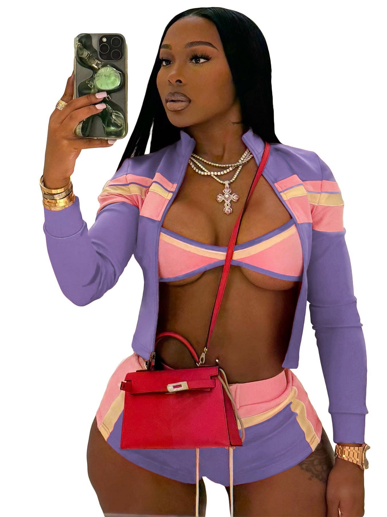FASHION Three-Piece Zip-Up Jacket, Crop Top, and Lace-Up Shorts Set 5029LY-clothes