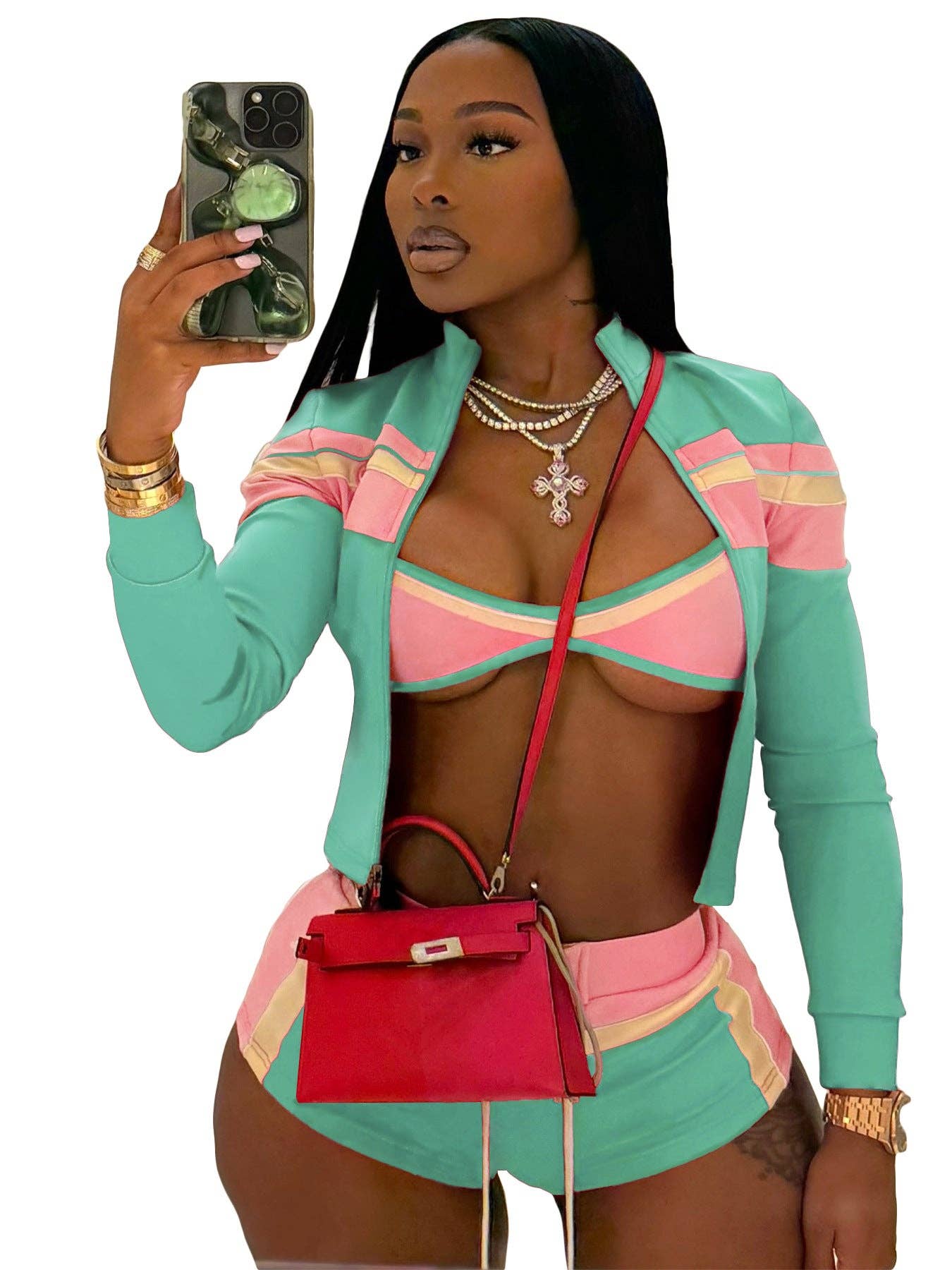 FASHION Three-Piece Zip-Up Jacket, Crop Top, and Lace-Up Shorts Set 5029LY-clothes