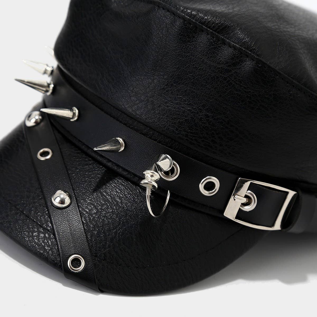 Punk Leather Flat Top Cap Studded Army Hat_CWAH04630