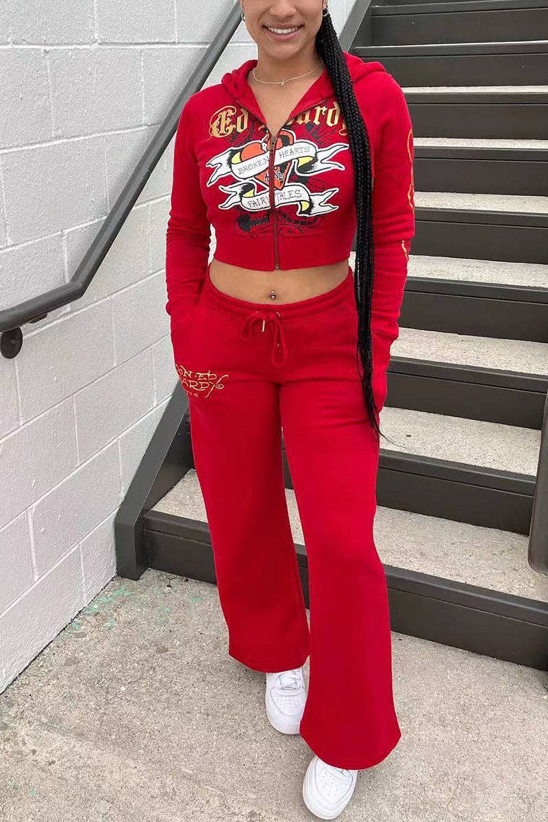 Skull Embroidered Casual Tracksuit Set-clothes
