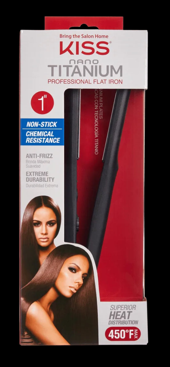 KISS Nano Titanium Professional Flat Iron Hair Straightener & Styling Tool, 1" Non-Stick Chemical Resistant Titanium Plates, 1.04 Pounds, Variable Temperature Control, Ergonomic Design