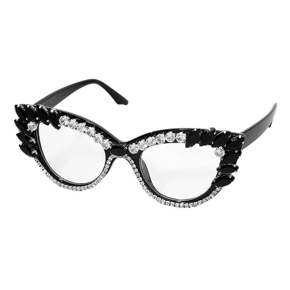 Bold Crystal Embellished Cat Eye Frame Fashion Sunglasses