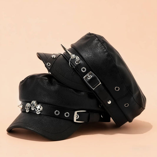 Punk Leather Flat Top Cap Studded Army Hat_CWAH04630