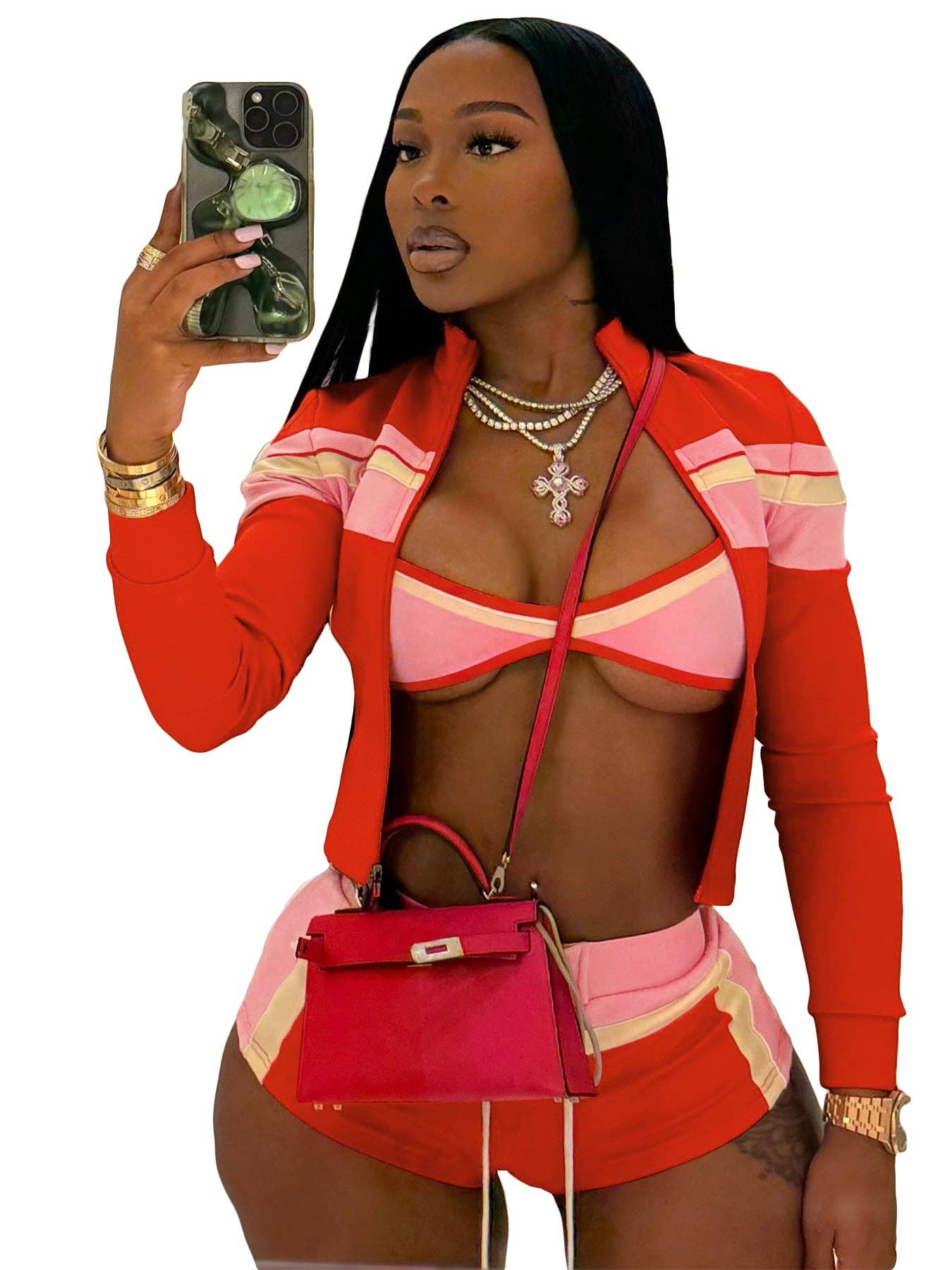 FASHION Three-Piece Zip-Up Jacket, Crop Top, and Lace-Up Shorts Set 5029LY-clothes