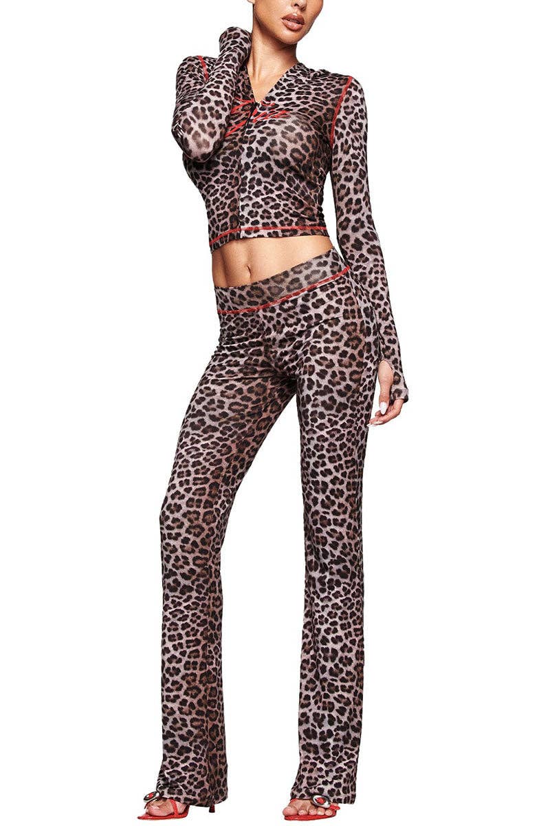 Leopard Print Hoodie and Flare Pants Set- clothes