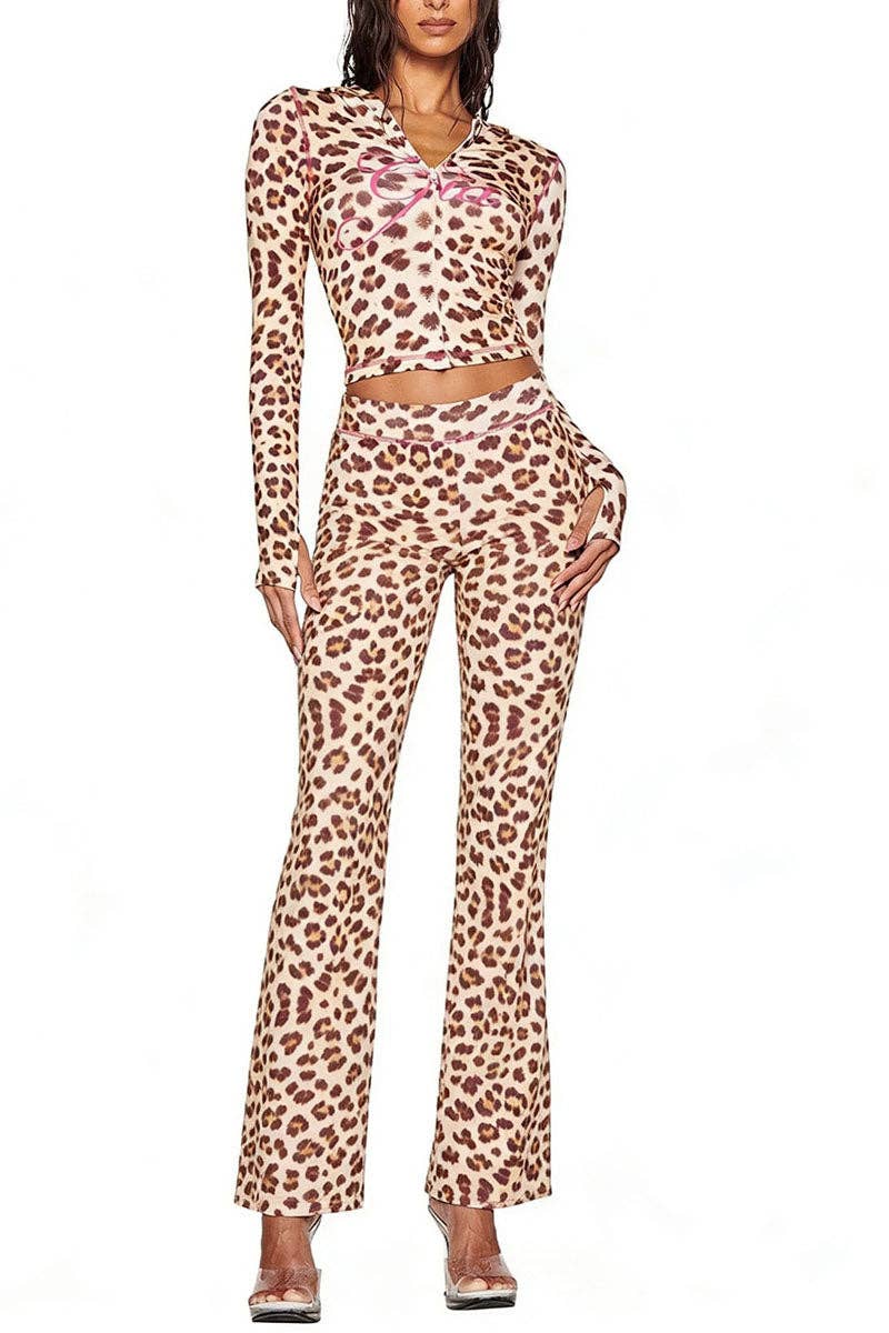 Leopard Print Hoodie and Flare Pants Set- clothes