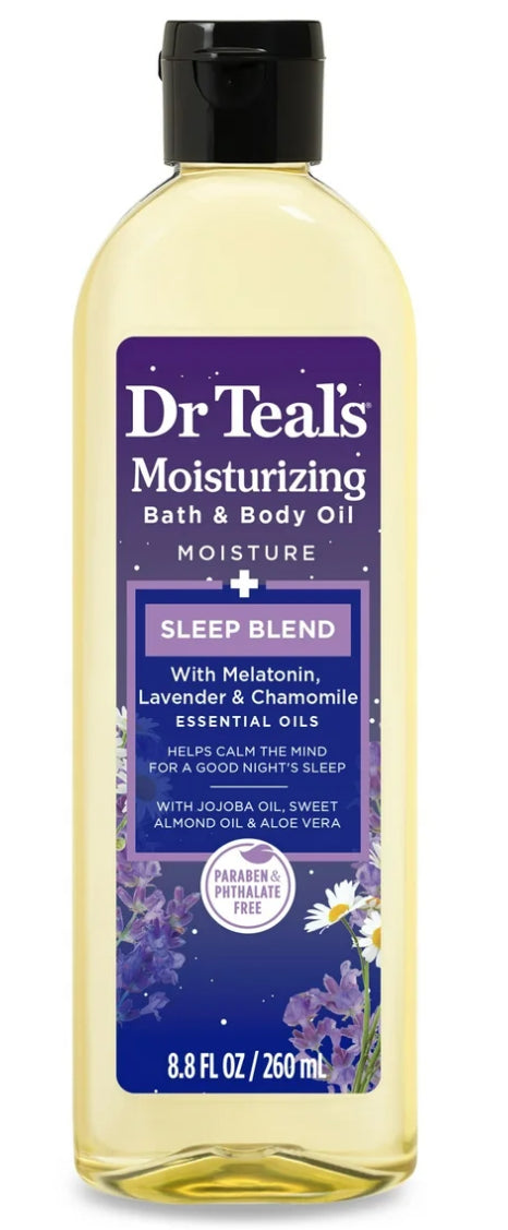 Dr Teal's Moisturizing Bath & Body Oil, Moisture + Sleep Blend with Melatonin & Essential Oils, 8.8 fl oz.