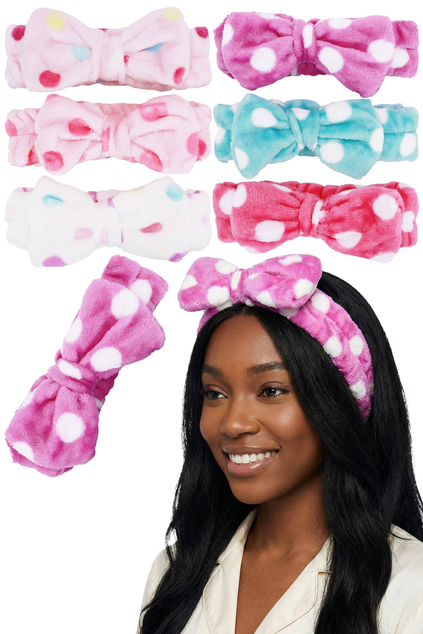 Polka Dot Ribbon Bow Fuzzy Fleece Spa Headband