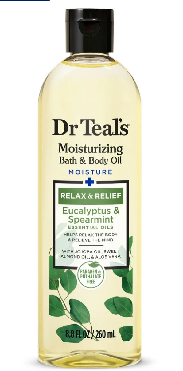 Dr Teal's Bath & Body Oil, Moisture + Rejuvenating Eucalyptus & Spearmint Essential Oils, 8.8 fl oz.
