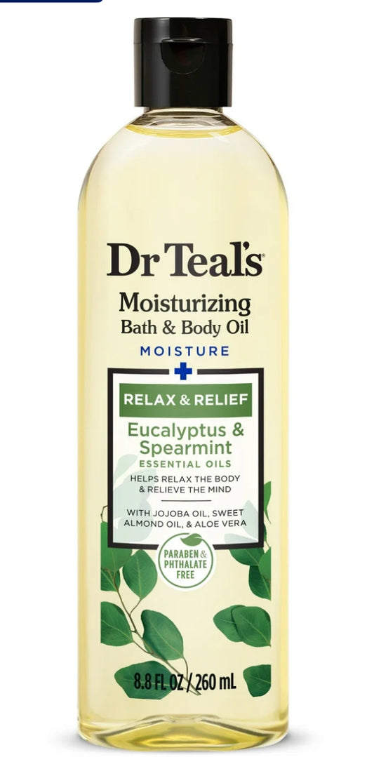Dr Teal's Bath & Body Oil, Moisture + Rejuvenating Eucalyptus & Spearmint Essential Oils, 8.8 fl oz.