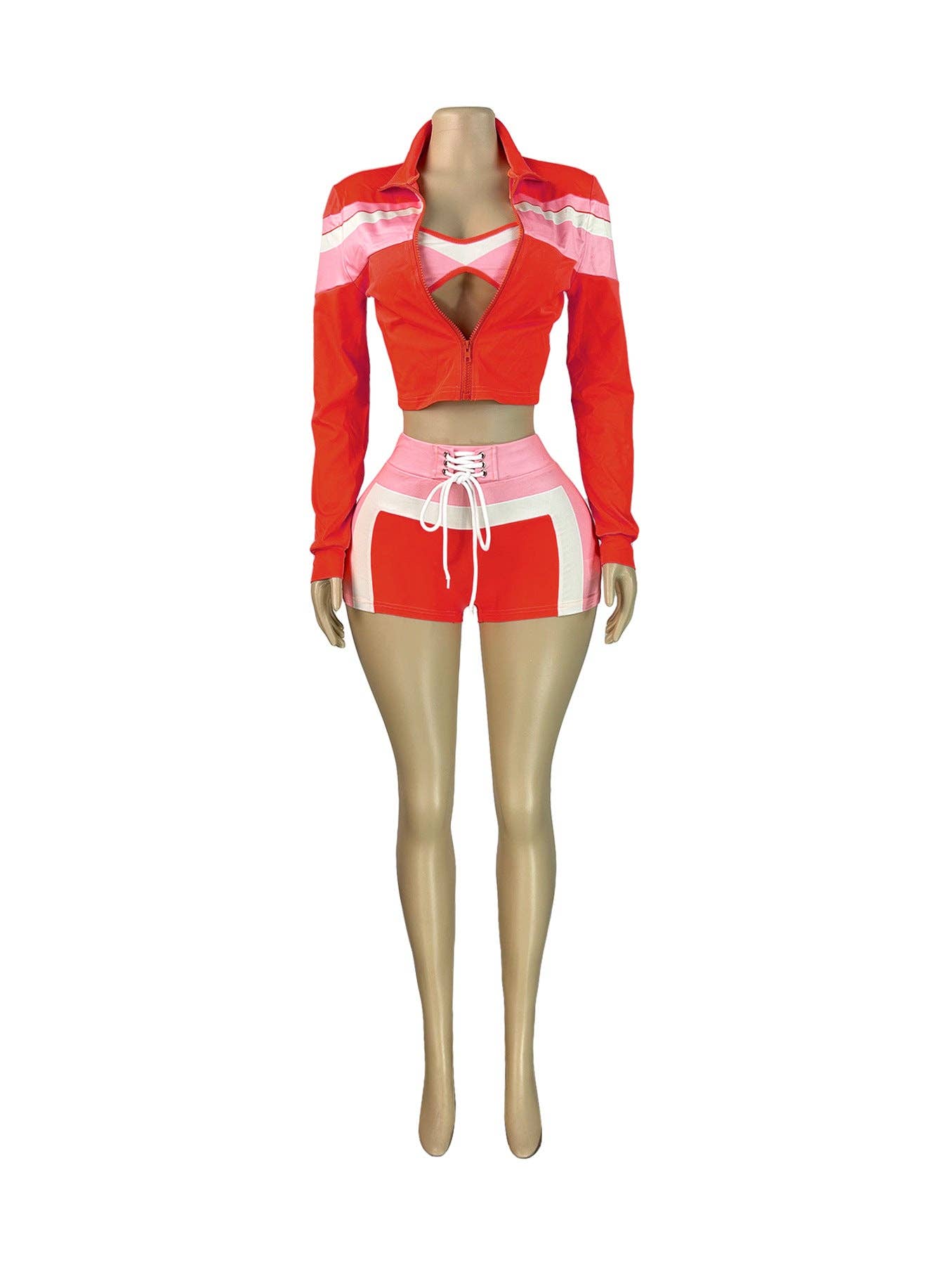FASHION Three-Piece Zip-Up Jacket, Crop Top, and Lace-Up Shorts Set 5029LY-clothes