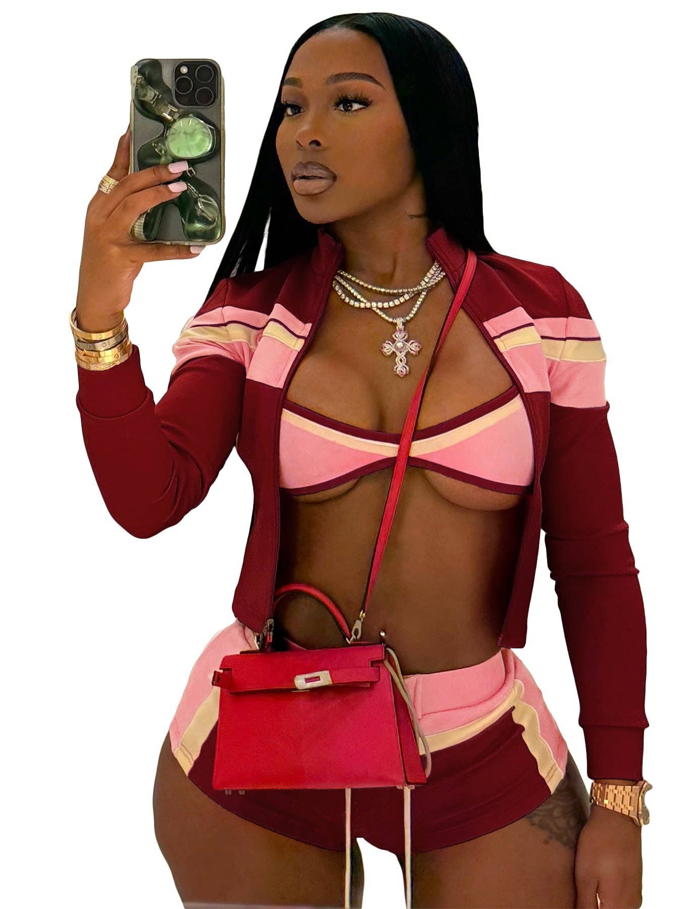 FASHION Three-Piece Zip-Up Jacket, Crop Top, and Lace-Up Shorts Set 5029LY-clothes