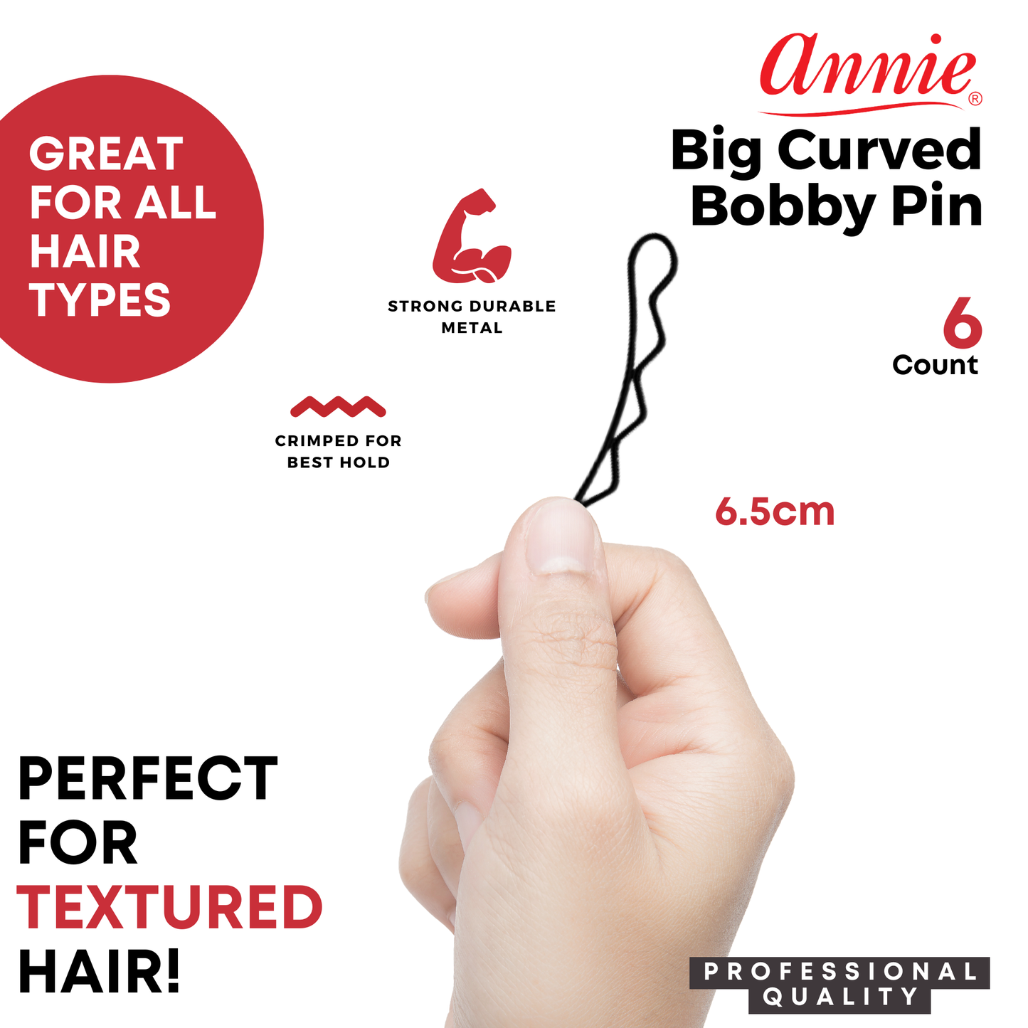 Annie 6.5cm Big Curve Bobby Pin 6ct Black
