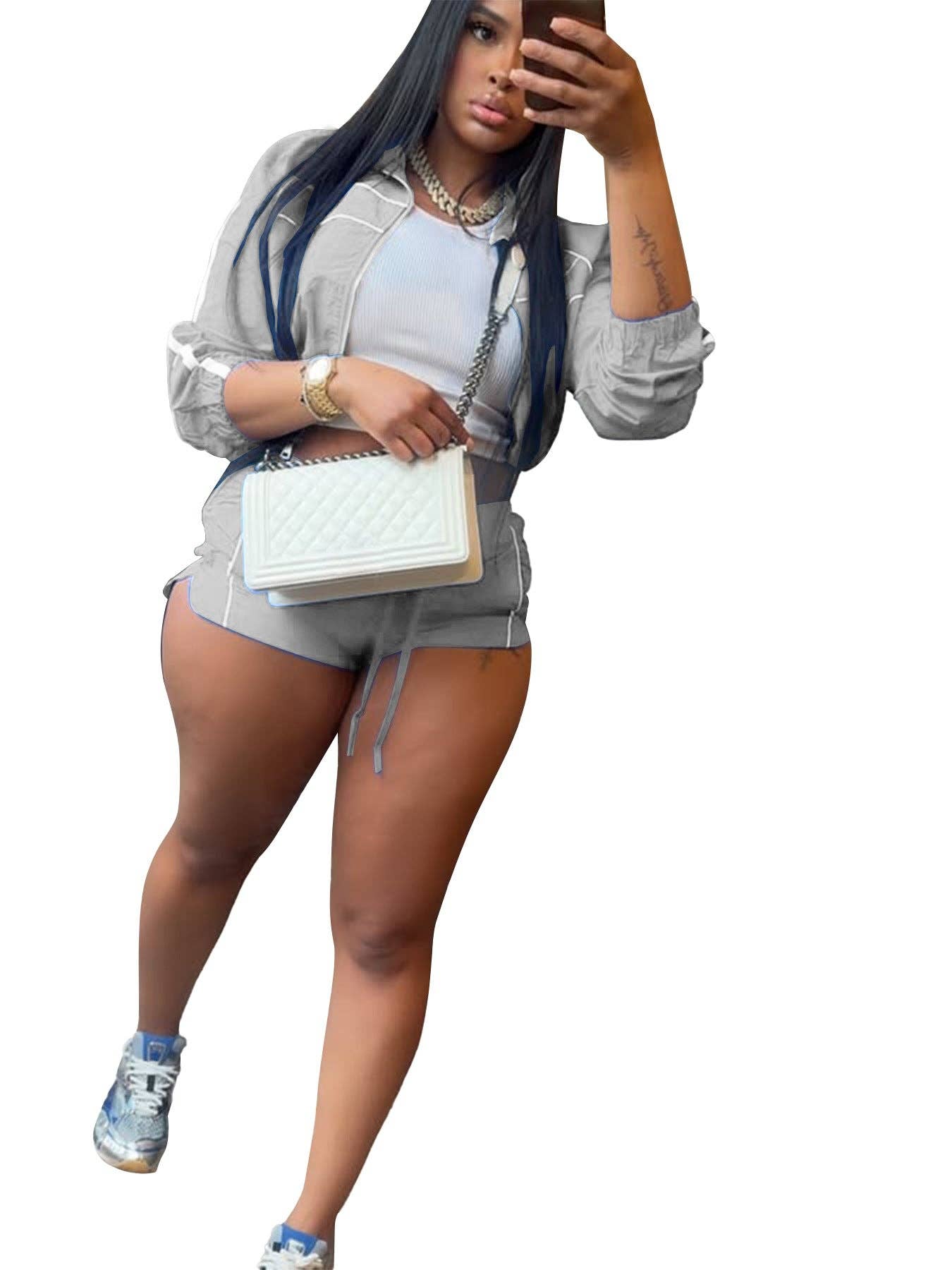 FASHION Two-Piece Track Shorts and Cropped Zip-Up Jacket Set 5020LY-clothes