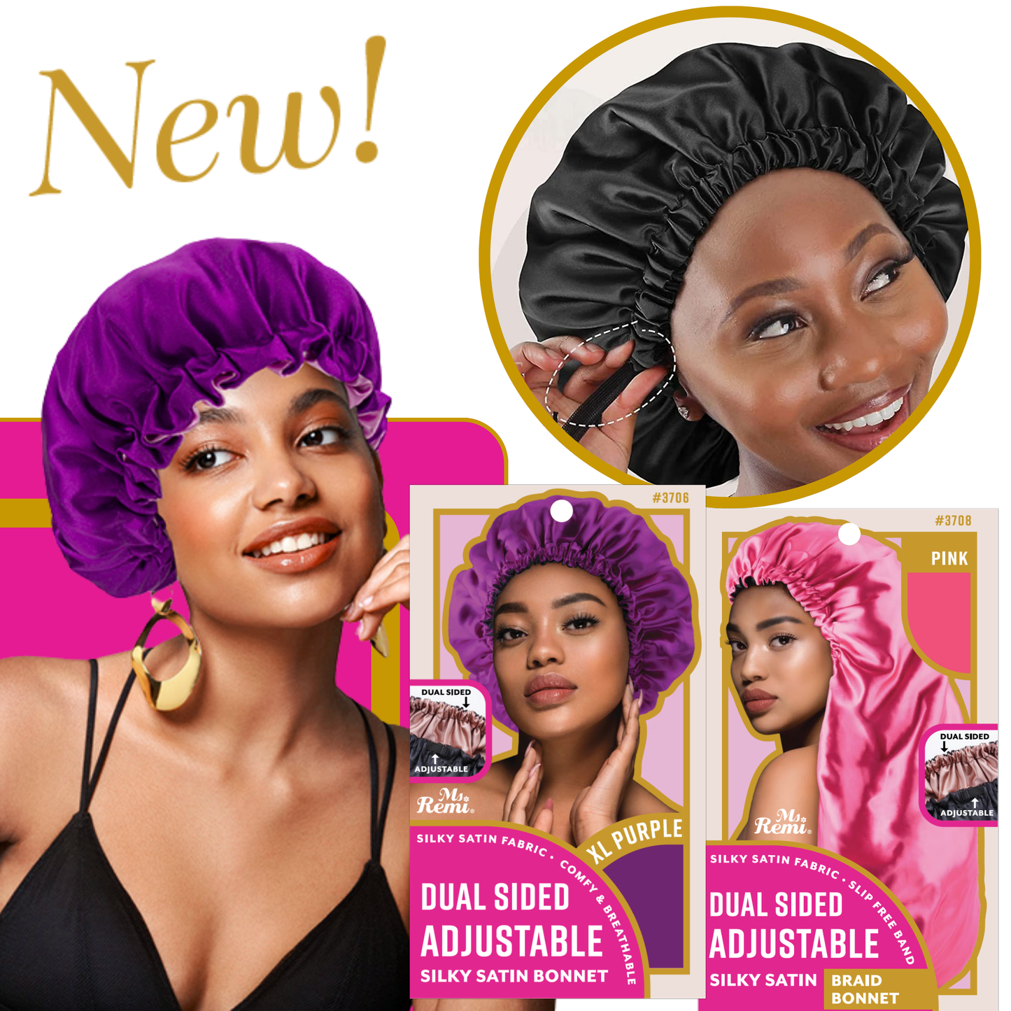 Ms. Remi Adjustable Dual-Sided Silky Satin Braid Bonnet Asst